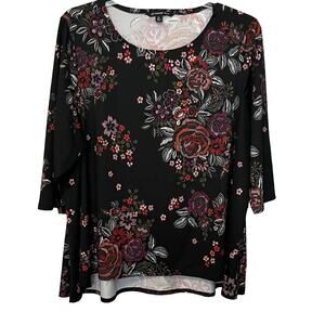 ZAC & RACHEL3/4 SLV PULL-OVER TUNIC BLOUSE, WOMENS, 2X-BLACK & MULTICOLOR FLORAL